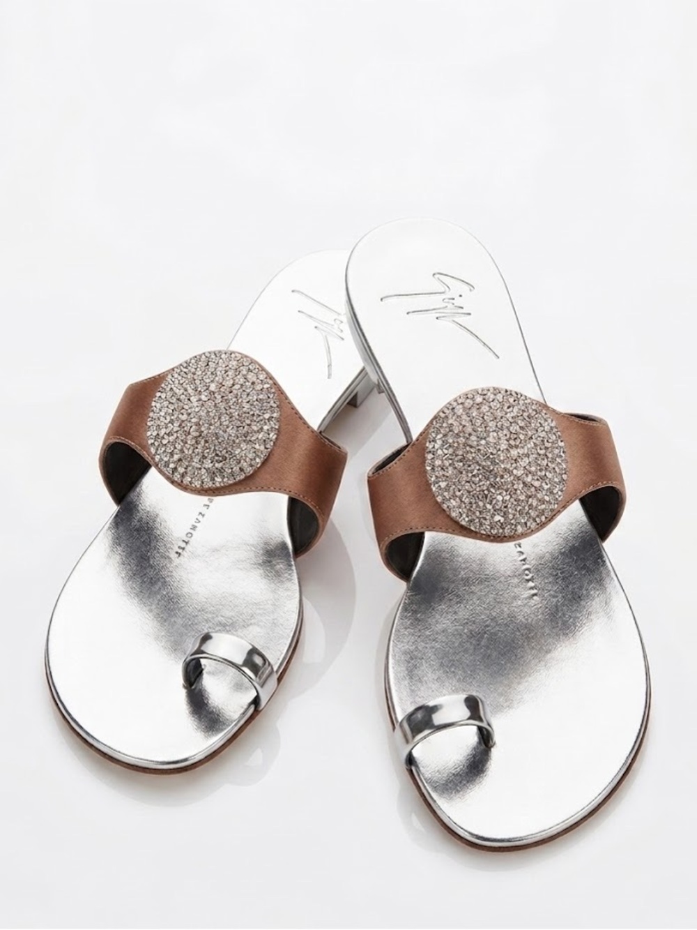 Giuseppe Zanotti Leather Metallic Crystal Slide Toe Strap Rose Gold/Silver Shoes